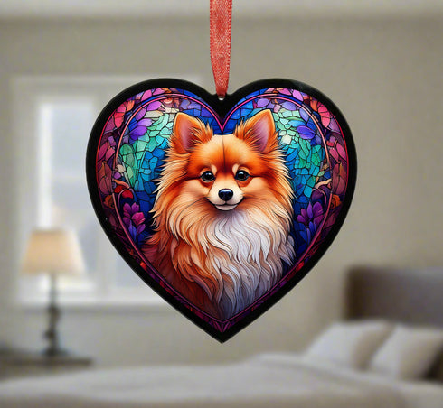 Pomeranian Stained Glass Effect Heart Suncatcher